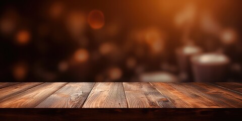 Cafe-themed background with a blurry wooden table, ideal for montages or product presentations with space for items.