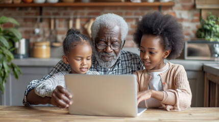 Happy elderly grandparent with his cute grandchild using laptop together for cooking, modern kitchen background