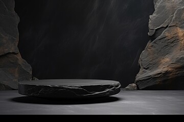 Luxury natural dark stone podium for showing packaging and display product on black background. - obrazy, fototapety, plakaty