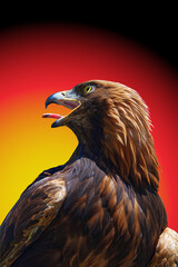 Head shot of a eagle against a tricolor background in black red gold