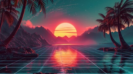 Abstract retro sci-fi grid 80's, 90's neon colors night and sunset, vintage cyberpunk illustration,...