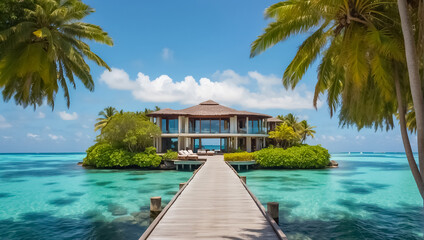 Beautiful villa on an island in the Maldives palm