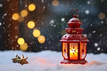 AI generated illustration of a beautifully crafted lantern atop a pristine blanket of snow