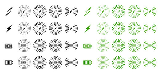 Black and green  wireless phone charger icon set. wireless smartphone charge symbol set. - obrazy, fototapety, plakaty