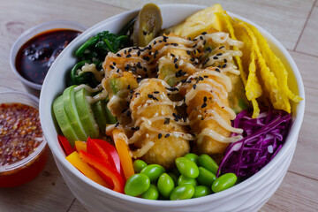 Chicken Karage Poke top view. japanese food.