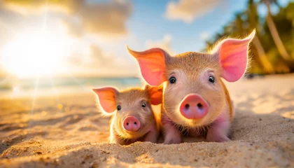 Fotobehang pink pig with beautiful eyes and a baby pig relaxing on a tropical beach, Generated image © Mathias Weil