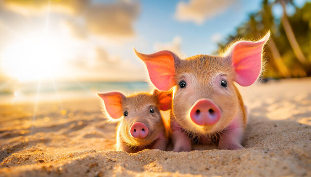pink pig with beautiful eyes and a baby pig relaxing on a tropical beach, Generated image