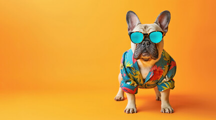 A French bulldog exudes laid-back holiday vibes wearing turquoise sunglasses and a floral shirt,...