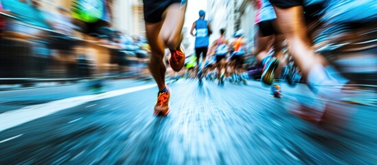 Blurred legs of runners in urban marathon.