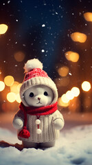 Super cute little snowman in the street, wearing knitted red scarf and beanie hat created with Generative Ai