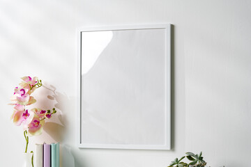 White wooden frame on white wall above the table