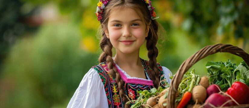 Bulgarian girl in traditional dress with a basket of homegrown vegetables.
