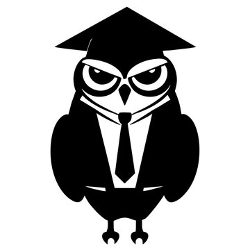 A serious owl wearing a magistracy alumni hat. Symphol of knowledge, silhouette of a bird. 