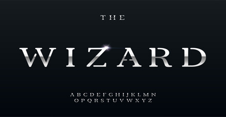 Metallic chrome alphabet, sleek polished serif letters, glared sophisticated steel font for contemporary logo, refined headline, luxurious typographic design. Versatile titanium style vector typeset