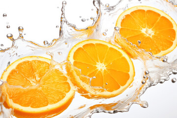Fresh orange slices with splashed water on white background.
