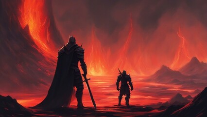 person at sunset  Knight with a sword facing the lava demon in hell, digital art style, illustration painting 