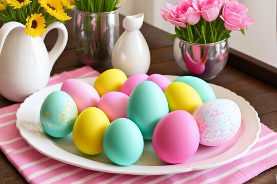 Easter table setting with colored eggs and flowers. Selective focus.