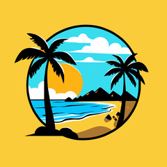 Fototapeta na wymiar Illustration of a palm tree on a beach on the ocean. Surf club logo.
