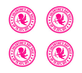 Valentines day sale pink grunge stamp set. Sale 25, 35, 45, 55 percent off discount