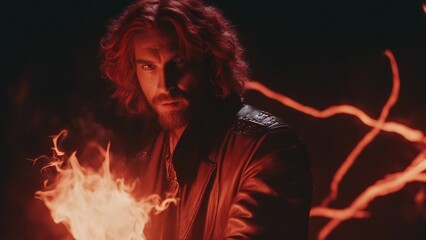 devil  man in the night A demon sorcerer who has cast a spell with his wand to summon a ghostly demon with lightning in the background