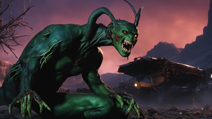 Fototapeta premium A nightcrawler demon that has been mutated by a nuclear war and is roaming the wasteland, looking for prey 