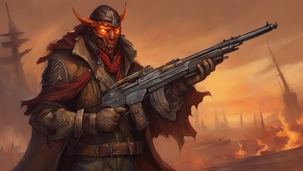 Naklejka premium statue of the demon soldier A rebel demon devil leader, who leads a band of outcasts and rebels against the oppressive 