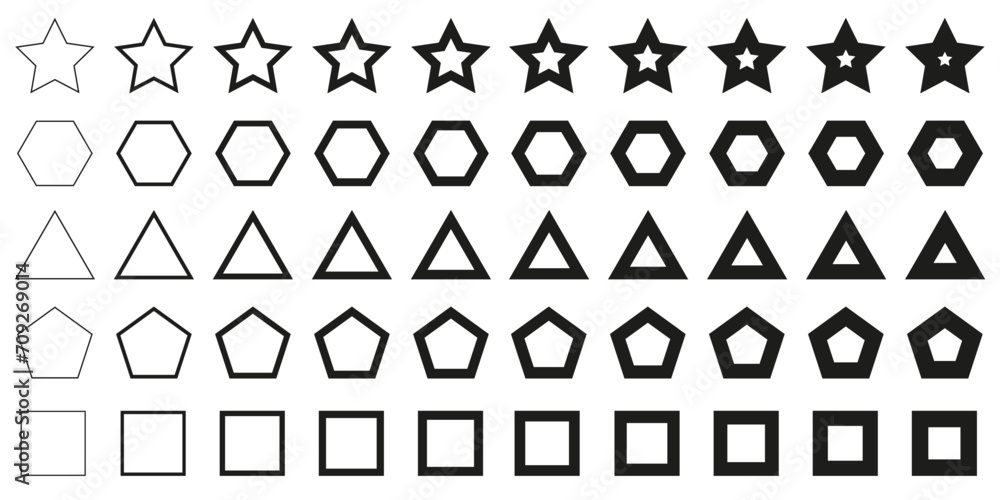 Poster Forms set from thin to thick line, set of geometric shapes form, figure elements, frames and borders, star triangle square pentagon hexagon icons collection, different version - vector
