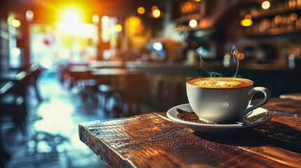 Cappuccino coffee in white cup on dark wooden table in cafe. Hot drink on festive background with bokeh. Steam rises above cup. Copy space. Close-up. - obrazy, fototapety, plakaty