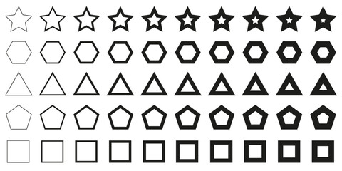 Forms set from thin to thick line, set of geometric shapes form, figure elements, frames and borders, star triangle square pentagon hexagon icons collection, different version - vector - obrazy, fototapety, plakaty