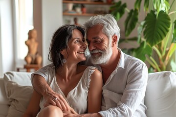 55 years old woman and 60 years old man looking happy and loving, on the white sofa living room with Plant background.