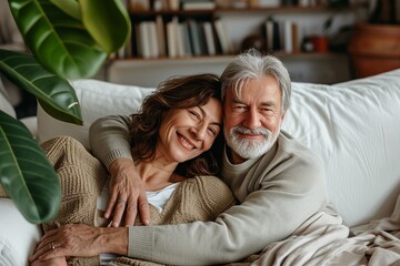 55 years old woman and 60 years old man looking happy and loving, on the white sofa living room with Plant background.
