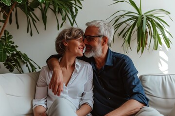 55 years old woman and 60 years old man looking happy and loving, on the white sofa living room with Plant background.