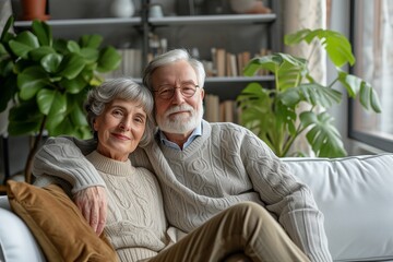Fototapeta premium 55 years old woman and 60 years old man looking happy and loving, on the white sofa living room with Plant background.