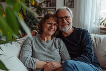 55 years old woman and 60 years old man looking happy and loving, on the white sofa living room with Plant background.