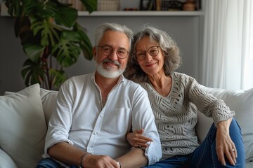 55 years old woman and 60 years old man looking happy and loving, on the white sofa living room with Plant background.