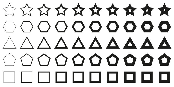 Forms set from thin to thick line, set of geometric shapes form, figure elements, frames and borders, star triangle square pentagon hexagon icons collection, different version - vector