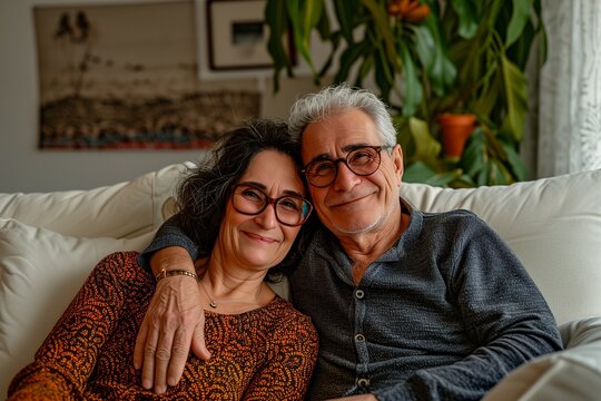 55 years old woman and 60 years old man looking happy and loving, on the white sofa living room with Plant background.