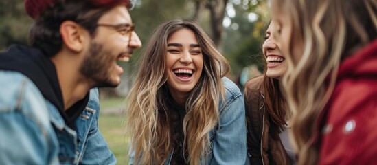 Joyful young people bonding and laughing in a park, telling funny jokes, gossiping, and enjoying the company of friends. - obrazy, fototapety, plakaty