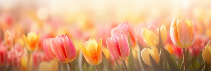 Colorful tulips in a garden. Close-up photography of tulips of mixed colors with bokeh background. Red, yellow, white and pink tulips. Floral spring banner. Spring and gardening concepts.