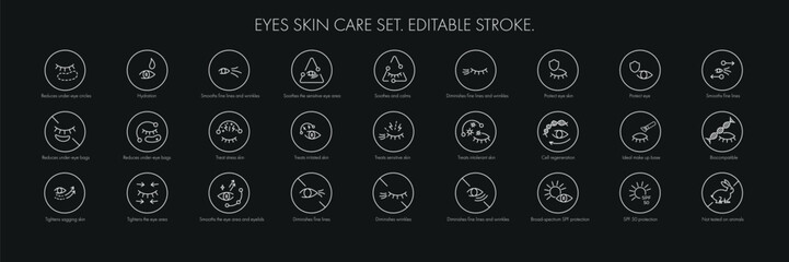 Eye skin care area icon pack set for patch, cream, mask cosmetic and beauty product, ophthalmology clinic, web, packaging. Vector stock illustration isolated on black background. Editable stroke.