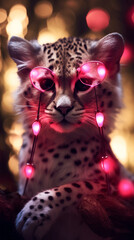 Super cute cheetah wearing heart shape pink glasses looking from the jungle forest created with Generative Ai