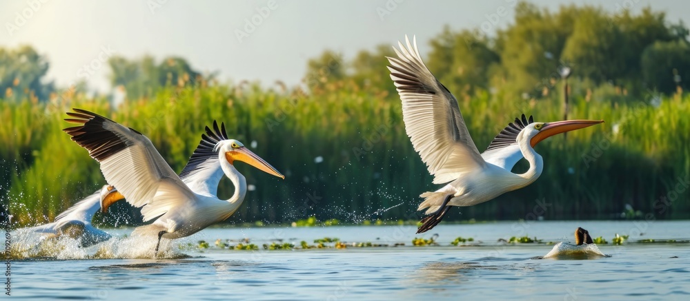 Sticker Birds displaying natural biodiversity, pelicans, herons, and egrets, soar gracefully above the serene Danube delta waters.