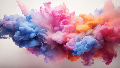 Fototapeta premium Generate fluffy, cloud like formations of colorful powder in the frame, giving the appearance of soft and billowy clouds against a pristine white background.