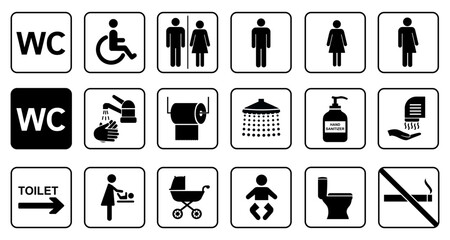 Toilet icons set, toilet signs, WC signs collection, male female restroom, handicap wheelchair access, sanitizer liquid soap, WC direction, baby changing room – vector - obrazy, fototapety, plakaty