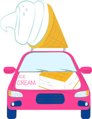 Pink ice cream truck with large cone on top. Cartoon style mobile ice cream shop vector illustration. Refreshing summer dessert, cheerful food truck concept.
