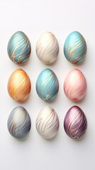 Fototapeta na wymiar Elegant pastel Easter eggs adorned with golden accents on a pure white background, a vertical layout for springtime celebrations