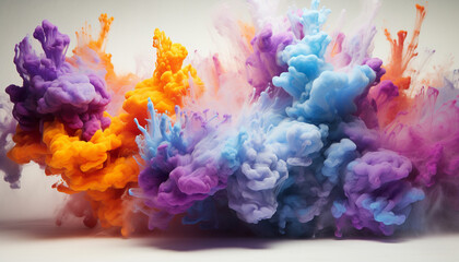 Fototapeta premium Generate fluffy, cloud like formations of colorful powder in the frame, giving the appearance of soft and billowy clouds against a pristine white background.