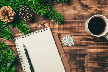 Obraz na płótnie Canvas Festive Desk with Notebook and Coffee Surrounded by Pine Decor