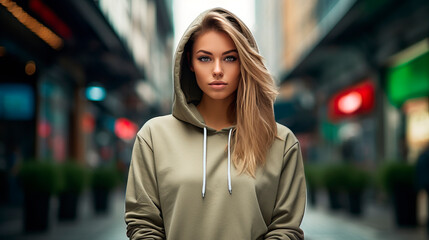 Handsome young female wearing khaki hoodie on street background. Image of elegant, stylish and self-confident woman, leading fashionable lifestyle. Space for your logo or design. Mockup for print.