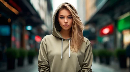 Foto op Canvas Handsome young female wearing khaki hoodie on street background. Image of elegant, stylish and self-confident woman, leading fashionable lifestyle. Space for your logo or design. Mockup for print. © Marina_Nov